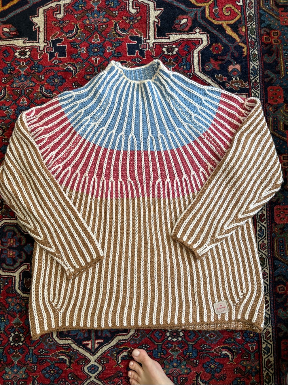 Colorblock Knit Sweater - Cream, Blue & Pink size Large mock neck